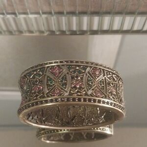Gold and Pink Filigree Cuff Bracelet with Intricate Patterns